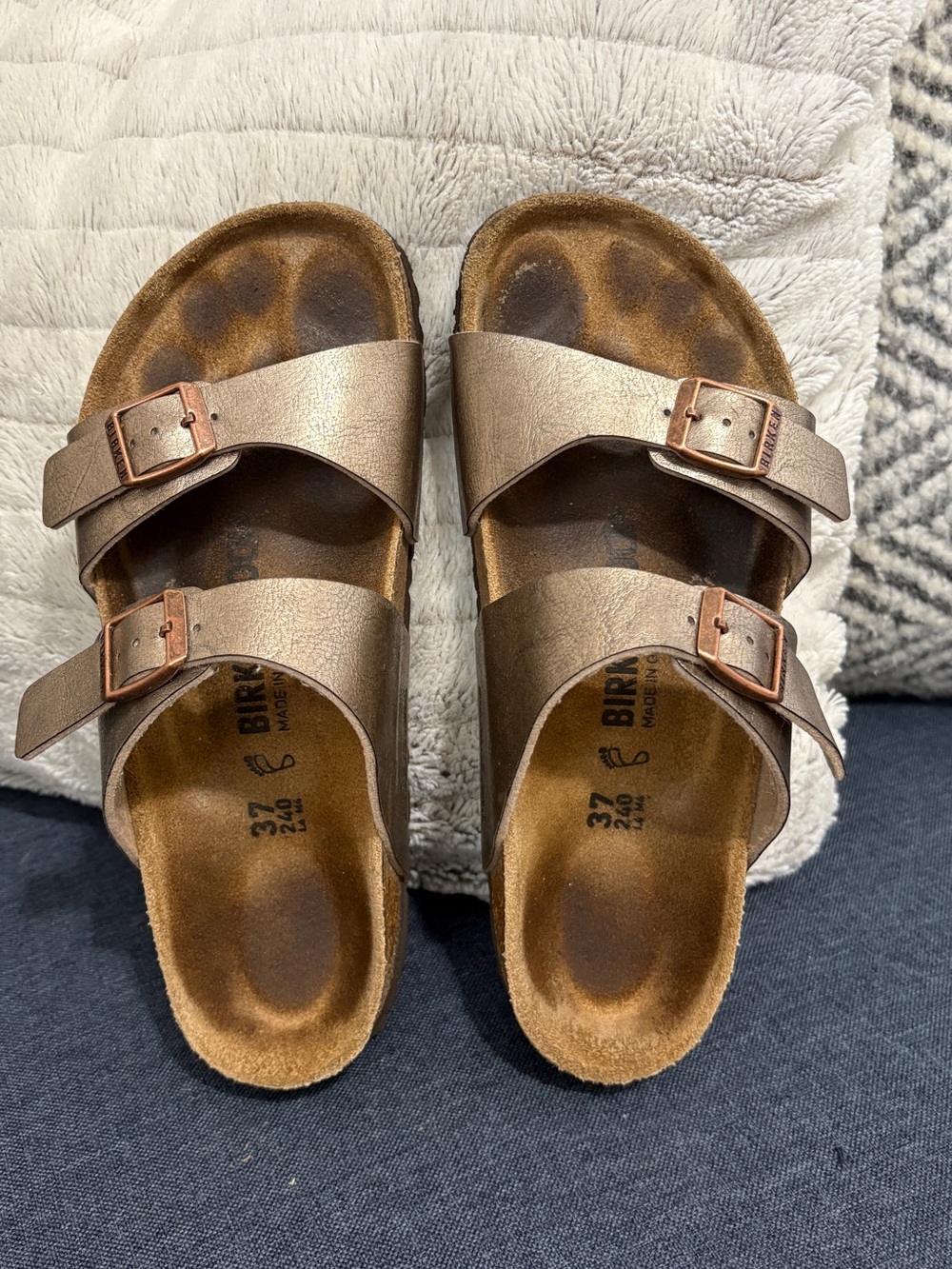 Birkenstock Arizona Metallic Rose Gold Two-Strap Sandals